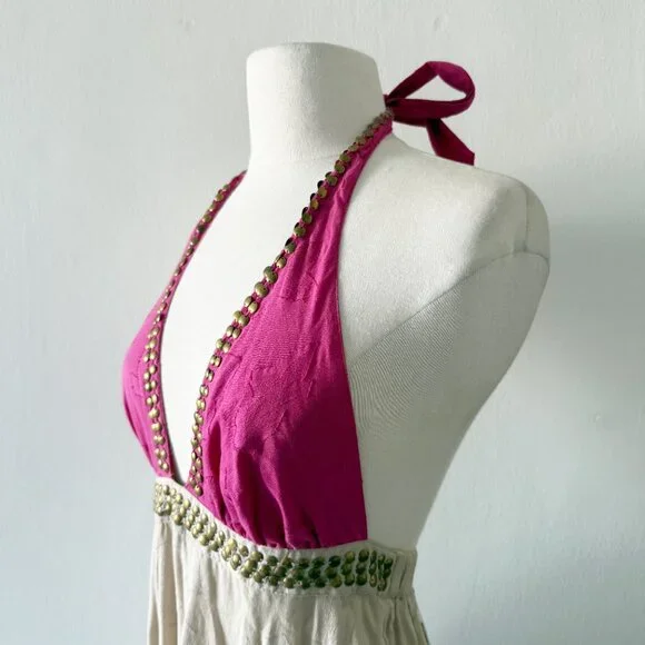 NEW ViX by Paula Hermanny Beige & Pink Halter Long Maxi Dress Size Small (S) - Picture 2 of 10